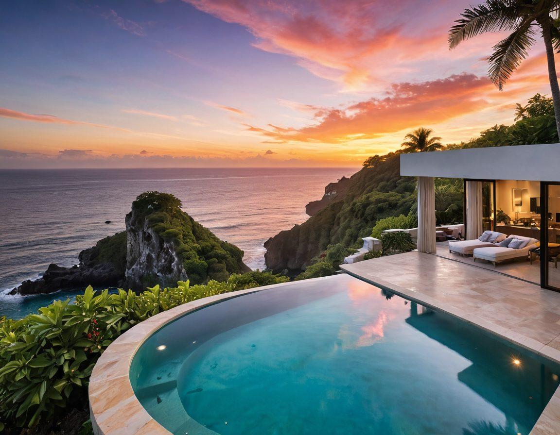 A breathtaking luxury villa nestled on a cliff overlooking a sparkling turquoise ocean, surrounded by lush tropical gardens and palm trees. The villa boasts modern architecture with large glass windows, an infinity pool reflecting the sunset, and elegant outdoor furniture. In the foreground, a couple toasting with champagne, embodying joy and relaxation. Capturing the essence of vacation bliss, inviting viewers to envision their dream escape. super-realistic. vibrant colors. sunset backdrop.