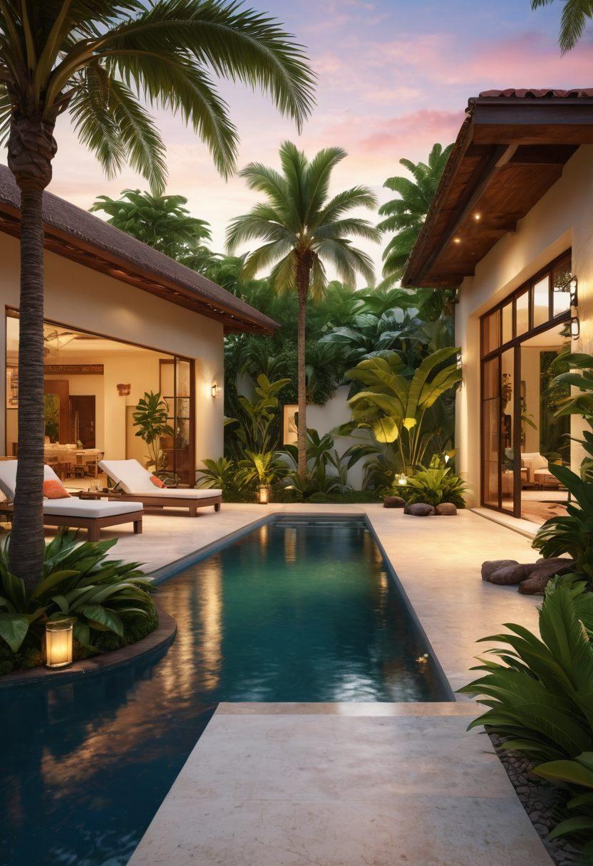 An elegant tropical villa surrounded by lush greenery, featuring a sparkling swimming pool and cozy outdoor seating. Include elements like a sunset backdrop, palm trees gently swaying, and an inviting pathway leading to the entrance. Showcase a warm ambiance that suggests luxury and relaxation for vacationers. super-realistic. vibrant colors. tranquil setting.