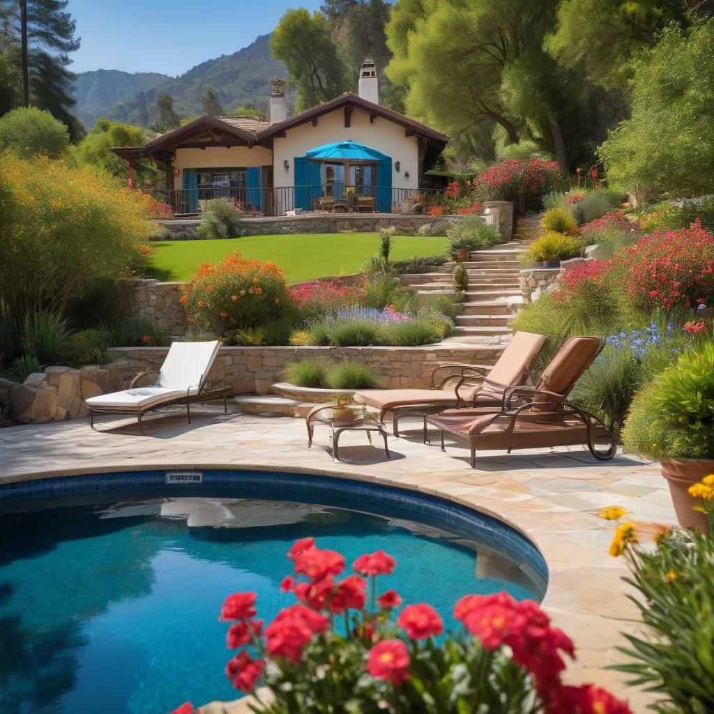 A serene landscape featuring a luxurious family-friendly villa surrounded by lush gardens and a stunning seasonal rental nestled in the mountains. Include happy families enjoying the sun by the pool and friends gathered around a cozy outdoor fireplace. Highlight vibrant flowers in bloom and clear blue skies above, creating an inviting atmosphere. artistic photography. vibrant colors. soft focus.